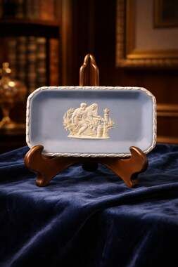 Vintage Wedgwood Blue Jasperware Rectangular Trinket Dish with Neoclassical Reli